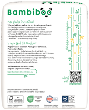 Tył białego opakowania pieluszek Bambiboo Maxi 4 (9-14kg); polski tekst, bambusowe grafiki i logo certyfikatów.
