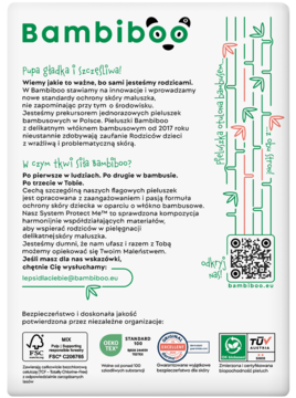 Tył opakowania pieluszek Bambiboo z włóknem bambusowym, Junior 5, z certyfikatami i informacjami o składzie.