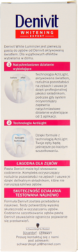 Denivit Whitening Expert pasta do zębów wybielająca, białe opakowanie, widok z boku z polskimi opisami cech.
