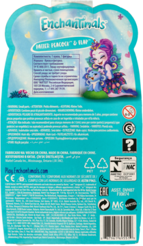 Tył opakowania zabawki Enchantimals Patier Peacock & Flap. Niebieskie tło z grafiką postaci i informacjami.