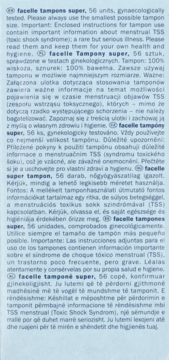 Instrukcja użycia tamponów facelle Super, gęsty tekst z informacjami o TSS w wielu językach.