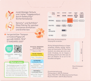 Tył opakowania tamponów facelle Super z niemieckim tekstem, certyfikatami Oeko-Tex i diagramem rozmiarów.