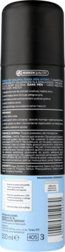 Tył czarno-niebieskiej pianki do golenia Isana Men Hydro 300ml z etykietą, opisem i kodem kreskowym.