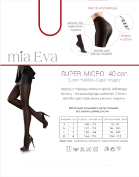 Czarne, kryjące rajstopy Mia Eva Super-Micro 40 den. Widok na modelkę i opakowanie z tabelą rozmiarów.