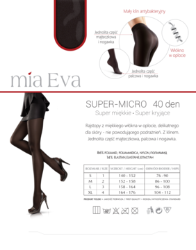 Czarne rajstopy Mia Eva Super-Micro 40 den na modelce, ukazujące jednolity, kryjący materiał z miękkiego włókna.