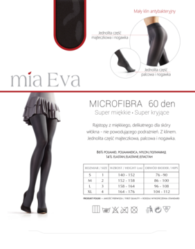 Grafitowe rajstopy mia Eva MICROFIBRA 60 den, opakowanie z ilustracją nogi i detalami jednolitej struktury.