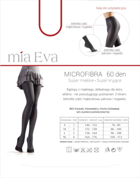 Opakowanie rajstop mia Eva 60 den Microfibra, czarne, kryjące, z modelką i schematem części.