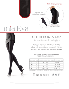 Rajstopy Mia Eva Multifibra 50 den czarne, super miękkie i kryjące, opakowanie z modelką i tabelą rozmiarów.