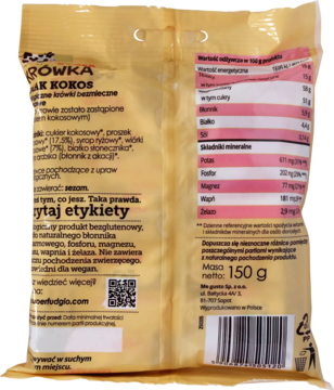 Tył żółtego opakowania ekologicznych krówek bezmlecznych kokosowych, widoczna tabela składników i wartości.