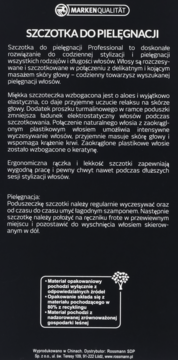 Czarna etykieta opisująca szczotkę do pielęgnacji włosów, z białym tekstem i logo Marken Qualitat.