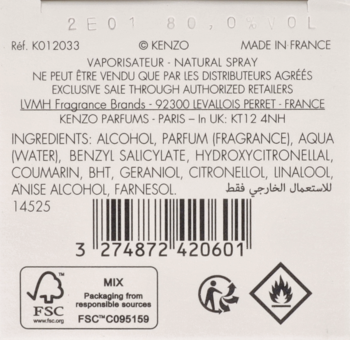 Zbliżenie na tył etykiety perfum Kenzo Amour, z listą składników, kodem kreskowym i logo FSC.