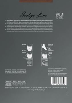 Szare opakowanie rajstop Marilyn Prestige Line 20 DEN, tył z opisem, składem i diagramami. Biodrówki.