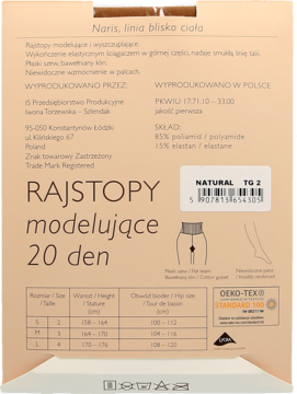 Tył opakowania rajstop modelujących Naris 20 den, kolor naturalny. Widoczna tabela rozmiarów i diagramy cech.