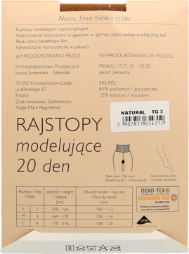 Tył beżowego opakowania rajstop modelujących 20 den Natural, ze składem poliamid/elastan i tabelą rozmiarów.