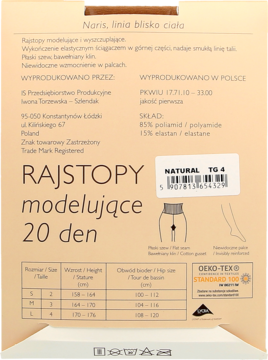 Tył beżowego opakowania rajstop modelujących Noris 20 den Natural, z tabelą rozmiarów i składem.