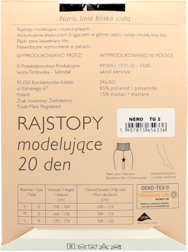 Tył opakowania czarnych rajstop modelujących 20 den. Widoczne informacje o rozmiarze, składzie, bawełnianym klinie.