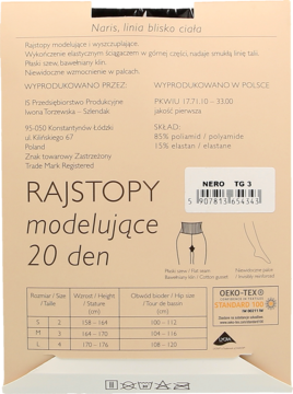 Tył beżowego opakowania rajstop modelujących 20 den, z tekstem, tabelą rozmiarów i ilustracją kształtującą sylwetkę.