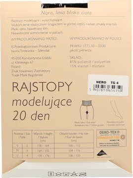 Tył beżowego opakowania rajstop modelujących Naris 20 den. Widoczne informacje o składzie i rozmiarówce.