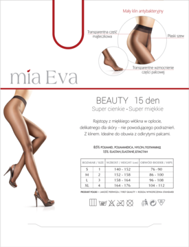 Beżowe rajstopy Mia Eva Beauty 15 den, super cienkie, z przezroczystą częścią palcową, w białym opakowaniu.