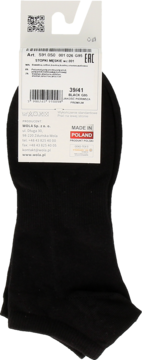 Czarne sportowe stopki męskie na wieszaku, tył opakowania z polską etykietą produktu.