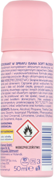 Tył różowego dezodorantu w sprayu Isana Soft Blossom 50ml z listą składników i symbolami ostrzegawczymi.