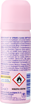 Tył różowego dezodorantu w sprayu Isana Soft Blossom 50ml, z polskimi napisami, listą składników i symbolem zagrożenia.