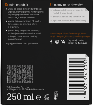 Tył opakowania dermokosmetyku Tołpa 250 ml, z mini poradnikiem i dowodami skuteczności na cellulit.