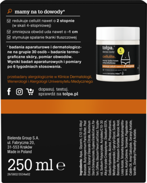 Tył opakowania tołpa. dermo body cellulite 250ml, z informacjami o redukcji cellulitu i spalaniu tłuszczu.
