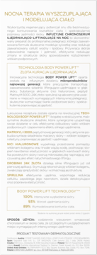 Fragment ulotki: Nocna Terapia Wyszczuplająca i Modelująca Ciało, technologia Body Power Lift, testowany dermatologicznie.