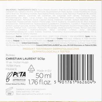 Tył opakowania kremu przeciwzmarszczkowego Christian Laurent 50 ml, biało-złote, z logo PETA.
