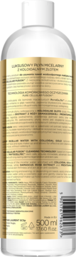 Tył przezroczystej butelki luksusowego płynu micelarnego z koloidalnym złotem, 500ml, złota etykieta.