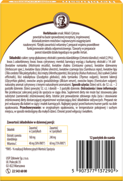 Tył żółtego opakowania Herbitussin Miód i Cytryna z listą składników, wartościami odżywczymi i kodem kreskowym.