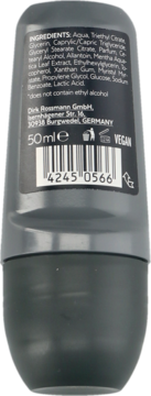 Tył czarnego dezodorantu w kulce ISANA MEN Fresh. Widoczne składniki, kod kreskowy i pojemność 50ml.