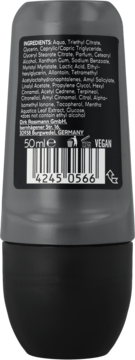 Tył szarego dezodorantu w kulce ISANA MEN Fresh z listą składników i kodem kreskowym, widok z tyłu.