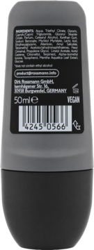 Tył ciemnoszarego dezodorantu w kulce ISANA MEN Fresh 50ml z listą składników, kodem kreskowym i napisem VEGAN.