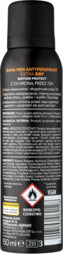 Tył czarnego antyperspirantu ISANA MEN Extra Dry 50ml, tekst informacyjny, skład i symbol zagrożenia.