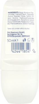 Biała butelka antyperspirantu w kulce Fresh Plus 50ml, tył z listą składników i informacją o 0% alkoholu.