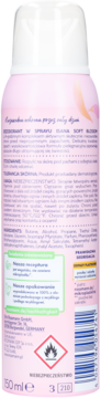 Tył różowego dezodorantu Isana Soft Blossom w sprayu 150ml, z listą składników i ostrzeżeniem.