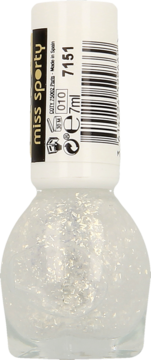 Miss Sporty clear nail polish with iridescent silver glitter, 7ml bottle, front view of the cosmetic product.