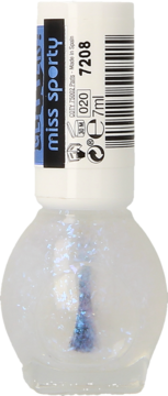 Miss Sporty lakier do paznokci glitter 7208, 7ml, przezroczysta butelka z iridescentnym brokatem, widok z przodu.