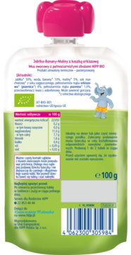 Tył opakowania musu HiPP BIO Jabłka-Banany-Maliny z orkiszem, z zielonym tłem, tabelą składników i słonikiem.