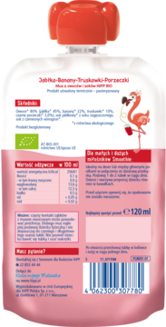 Tył opakowania HiPP BIO Smoothie Jabłka-Banany-Truskawki-Porzeczki 120ml z tabelą odżywczą i kodem EAN.