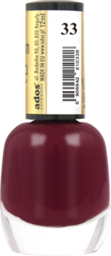 Lakier do paznokci Ados Premium Line, odcień 33, w burgundowej butelce 12ml, widok z przodu.