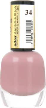 Trwały lakier Ados Premium Line nr 34, pudrowy róż, w szklanej butelce z etykietą, widok z przodu.