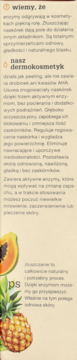 Dermokosmetyk enzymatyczny: broszura produktu z ilustracjami papai i ananasa. Opis działania peelingu bez drobinek.
