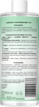 Tył zielono-białej butelki Eveline Płyn Micelarny 3w1 Aloesowy 500ml z etykietą i kodem.