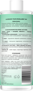 Tył zielonej butelki Eveline Cosmetics Aloesowy Płyn Micelarny 3w1, 500 ml, z detalami produktu i barkodem.