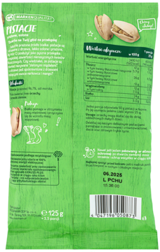 Tył zielonego opakowania Genuss Plus Pistacje prażone i solone 125g z tabelą wartości odżywczych i datą 06.2026.