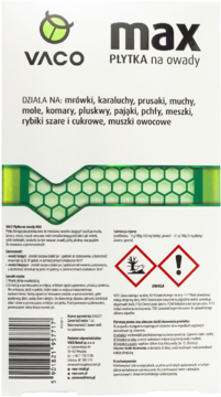 Tył opakowania VACO MAX PŁYTKA na owady, z listą zwalczanych szkodników i piktogramami zagrożenia.