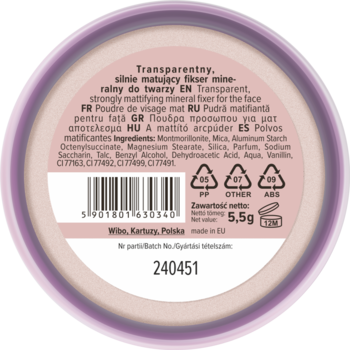 Tył opakowania Lovely Mineral Loose Powder, transparentnego matującego fiksera do twarzy, widoczne etykiety i waga 5,5g.